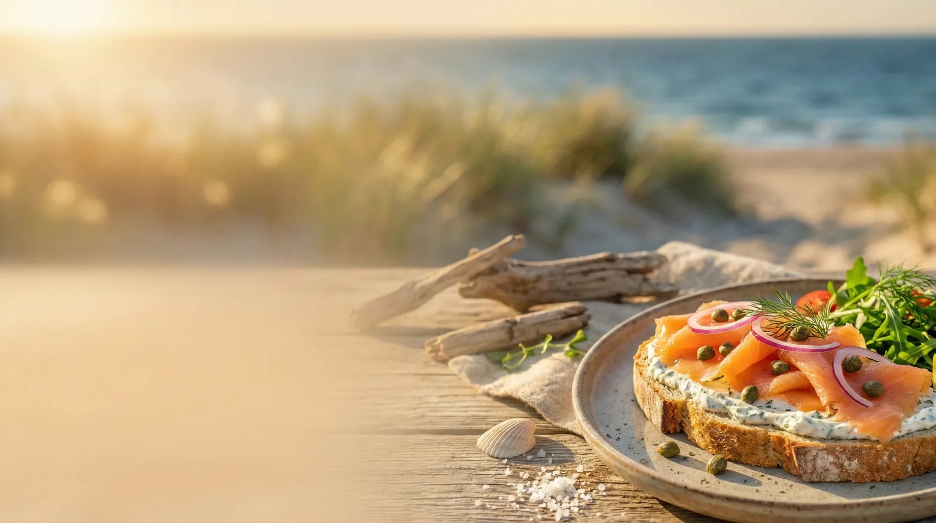 Ambachtelijk brood belegd met gerookte zalm, kruidencrème en rode ui, geserveerd op een houten tafel met uitzicht op de Zeeuwse duinen.