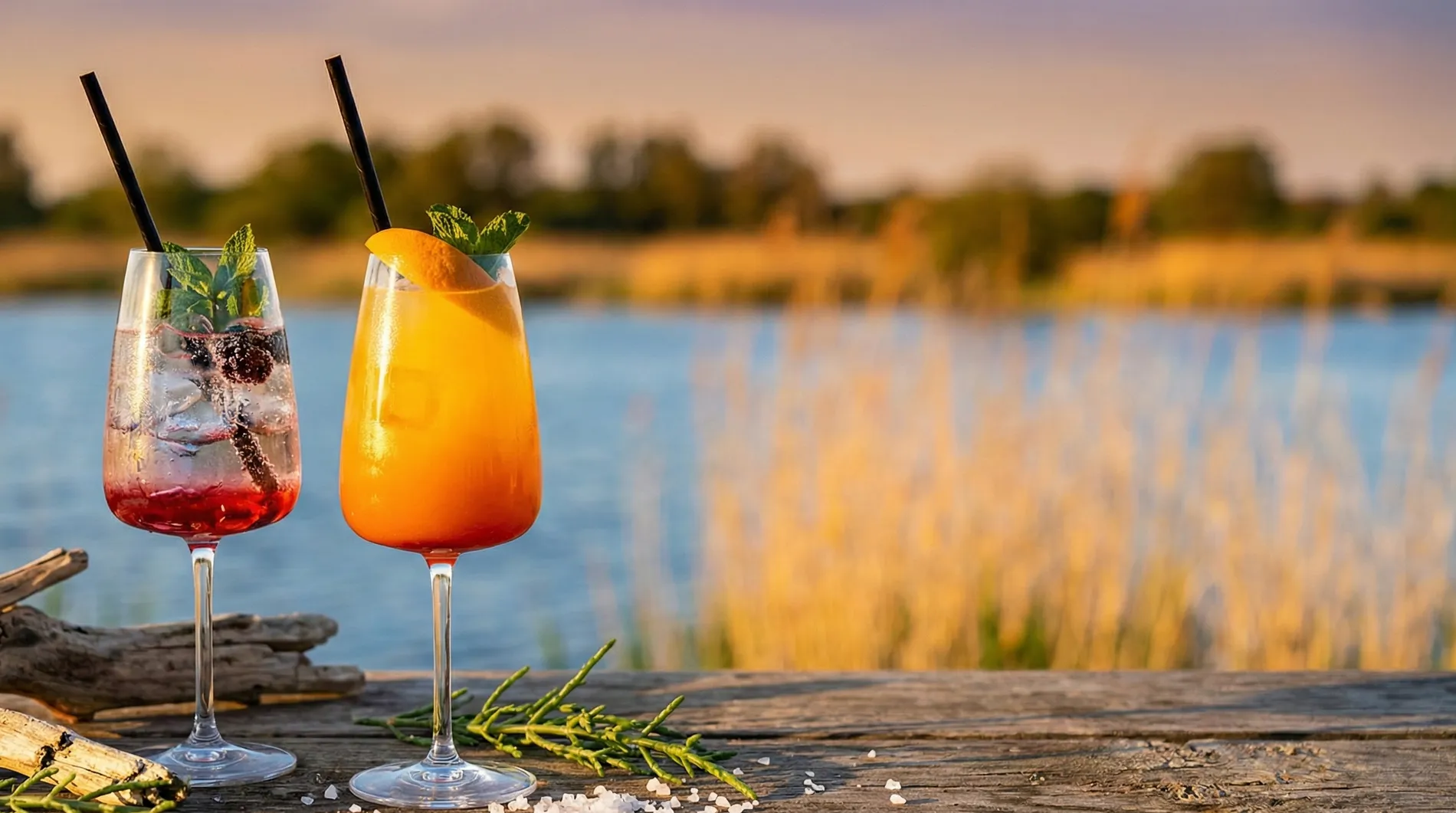 Twee kleurrijke zomerse cocktails gegarneerd met zeekraal en verse munt op een houten tafel aan het water tijdens zonsondergang.