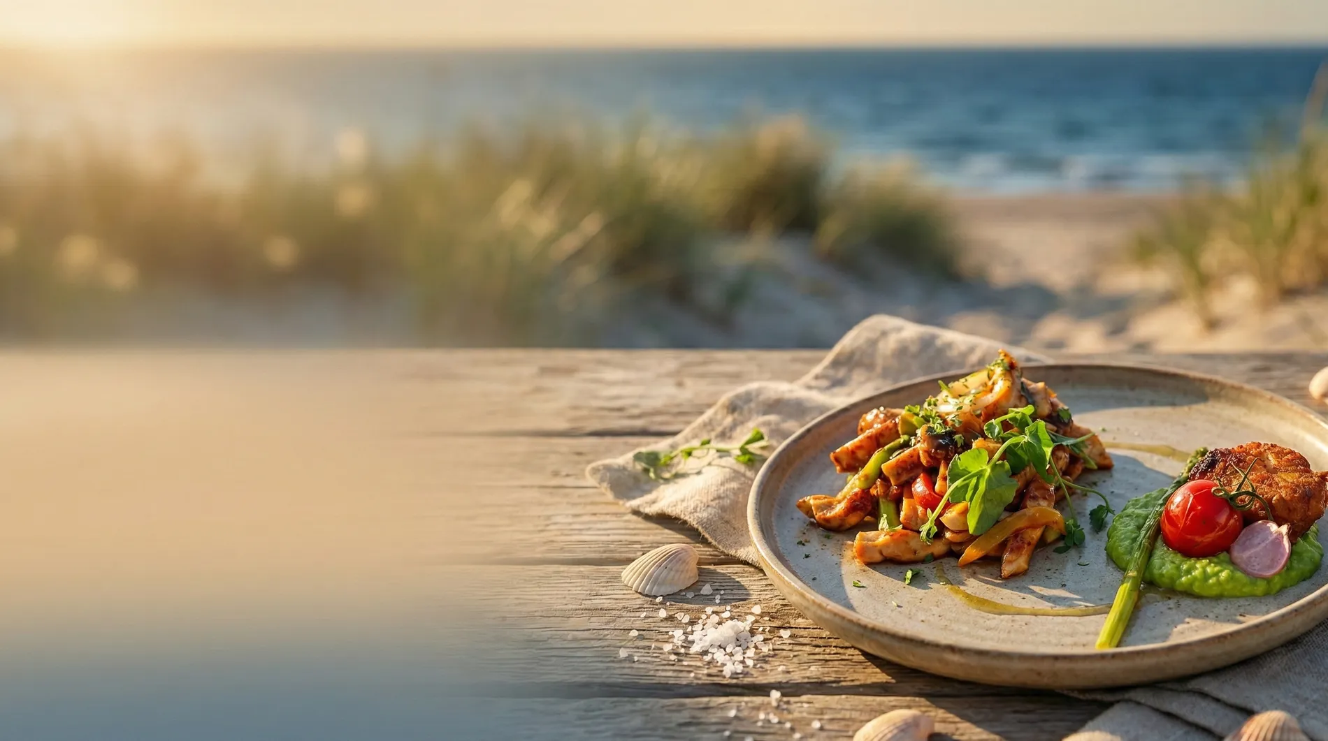 Een smaakvol hoofdgerecht uit het halfpension menu met malse kip, verse groenten en doperwtenmousseline in een duinsetsetting.